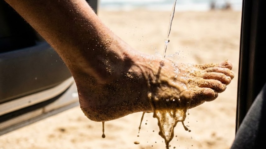 A sandy foot during a post-beach cleaning session