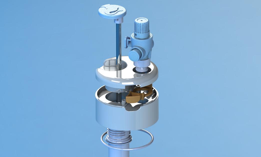3D exploded view of the Portalo portable bidet showing the Ogive locking system and internal pump mechanism.